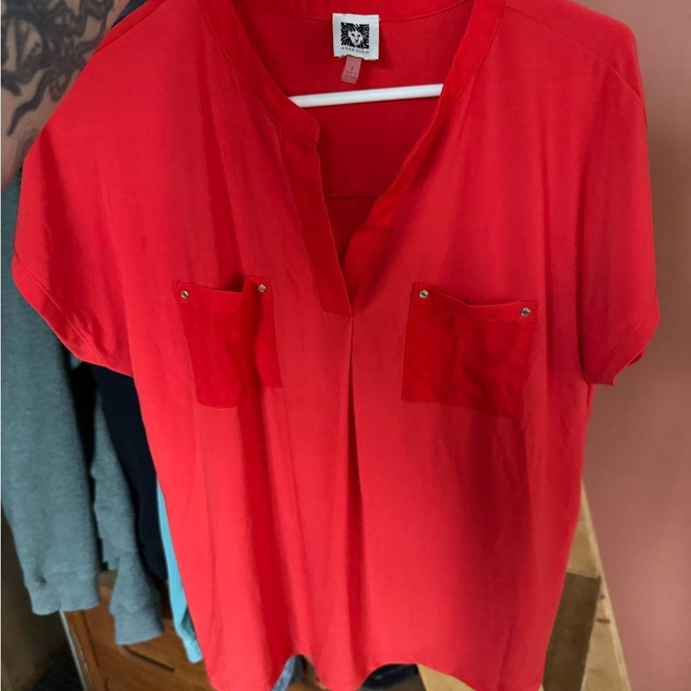Anne Klein Red Split V-Neck Pocket Blouse